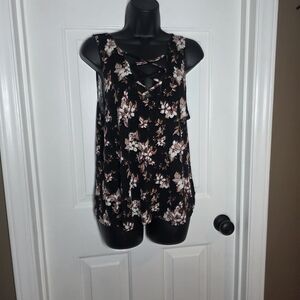 American Eagle Outfitters Black Floral Crisscross Tank